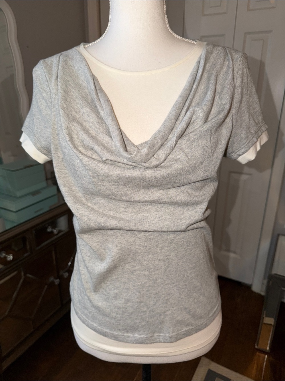 Current/Elliott Gray & Cream Layered Look Cowl Neck Top - Classic Tee XS